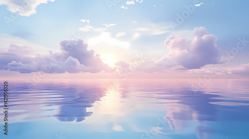 Obraz na płótnie Gentle wispy clouds are reflected in the calm waters of a lake at sunset, blue, soft. Hazy Waters. Illustration w salonie