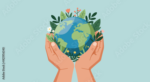 Vector A nurturing image depicts cupped hands cradling a verdant Earth adorned with flowers and leaves against a serene blue backdrop