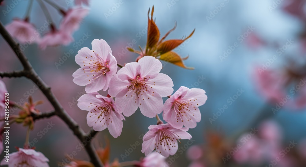Pink Cherry Blossom Prunus Serrulata Close Up Showing Petal Details and Branches with Soft Focus Blue Sky Background in Spring Season with Natural Light Perfect for Decoration Pink Cherry Blossom Prunus Serrulata Close Up Showing Petal Details and Branches with Soft Focus Blue Sky Background in Spring Season with Natural Light Perfect for Decoration