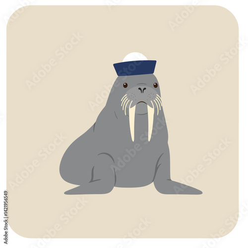 Walrus wearing navy blue and white sailor hat cute marine animal character vector illustration 