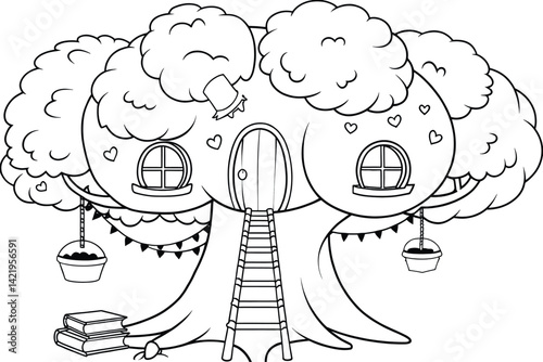 A whimsical and charming black and white illustration of a treehouse nestled in a large tree.