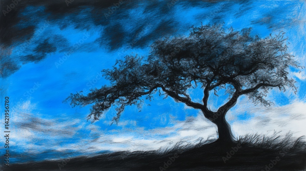 Lone tree, dramatic sky, field, sunset, nature art, landscape painting Lone tree, dramatic sky, field, sunset, nature art, landscape painting