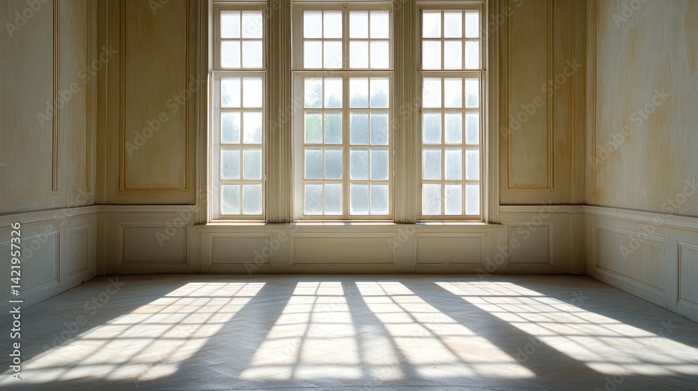 Obraz premium Sunlight streams through large windows in an empty room with white walls and wood paneling.