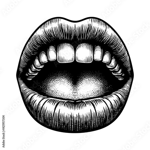 Open mouth engraving black and white outline. Scratch board imitation.  illustrated in vintage line art style on a white background.