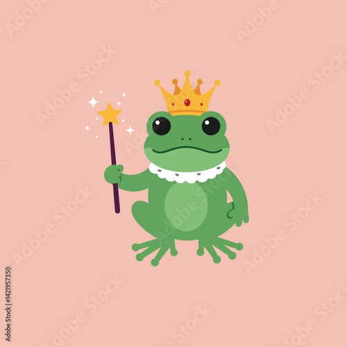 Frog wearing crown holding magic wand cute royal fairy tale character vector illustration 