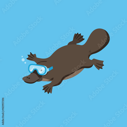 Platypus swimming underwater wearing blue goggles vector illustration in square format 