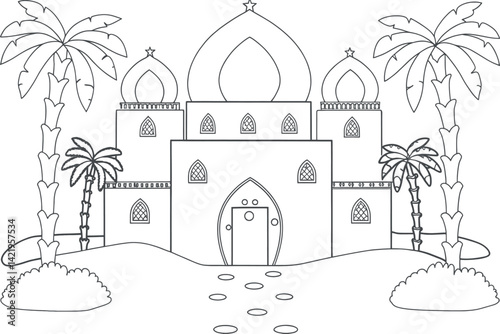 Simple Line Drawing of an Arabian Palace in a Desert Oasis
