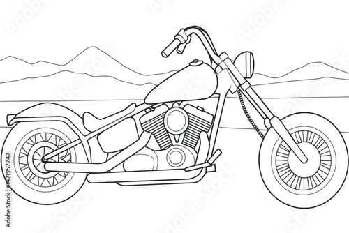 Line drawing of a chopper motorcycle against a mountain backdrop.