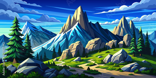 Amazing mountain landscape with mountains and clouds, Pine trees and rocks