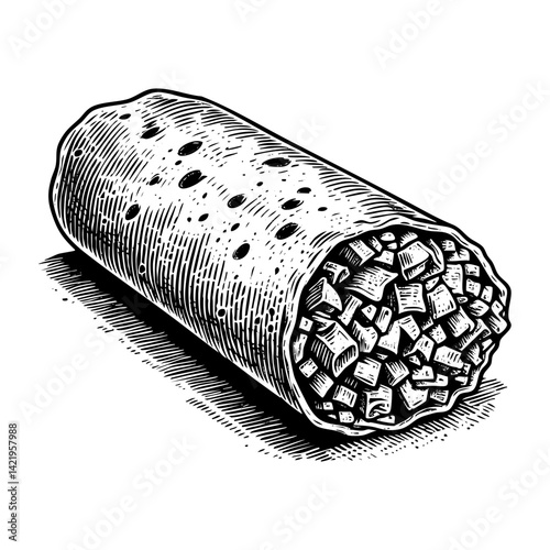 Burrito engraving black and white outline. Scratch board imitation.  illustrated in vintage line art style on a white background.