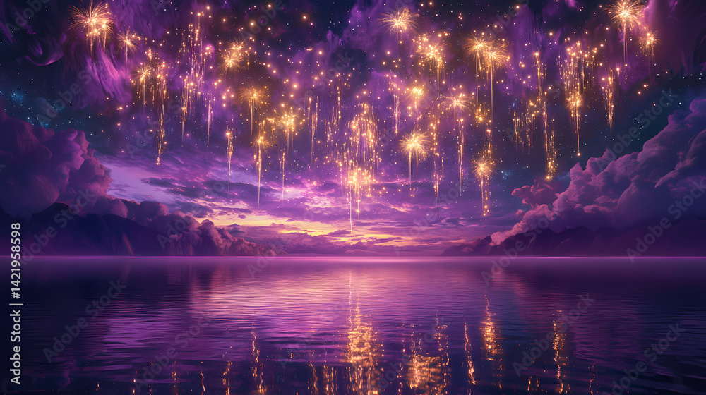 Cascading purple and gold fireworks illuminating a velvet midnight sky reflecting off calm waters below creating ethereal mirror effects. Velvet Waters. Illustration
