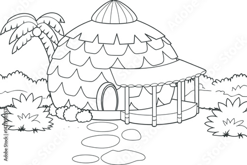 Simple Line Drawing of a Tropical Hut in a Lush Garden
