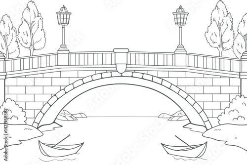 Black and white illustration of a charming stone bridge over a calm waterway.