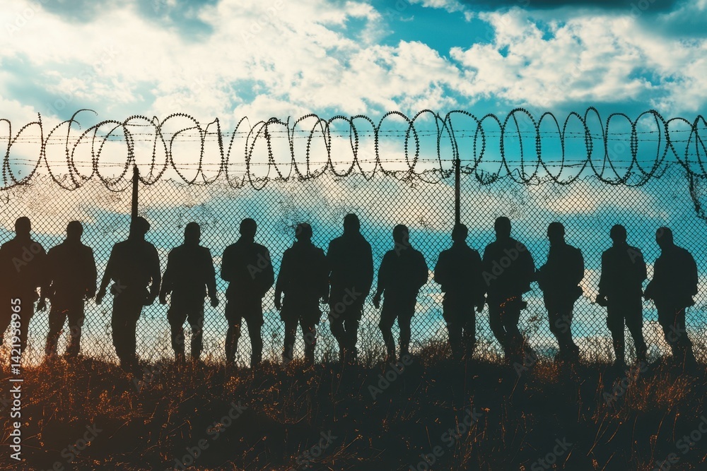 Naklejka premium Group of silhouette figures standing by barbed wire fence against cloudy sky backdrop