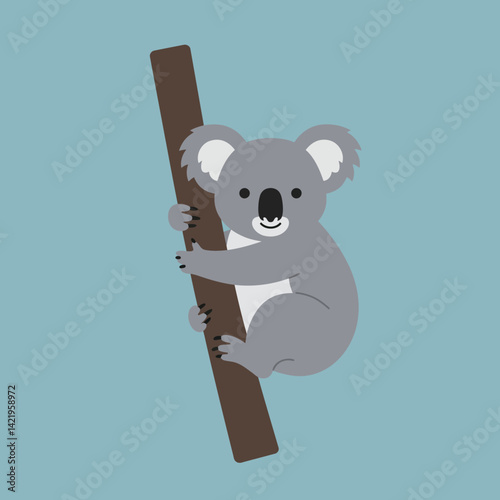 Koala climbing a tree branch in simple vector style with soft blue background illustration 