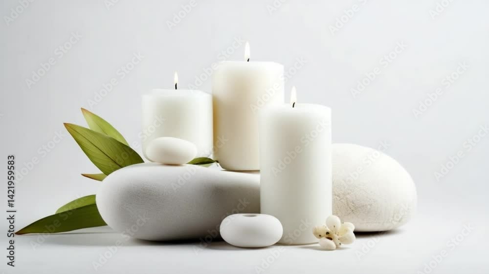 Serene Candle and Stone Arrangement: Tranquil composition featuring glowing candles and smooth stones. evokes a sense of calm and peace, perfect for wellness and relaxation themes. Serene Candle and Stone Arrangement: Tranquil composition featuring glowing candles and smooth stones. evokes a sense of calm and peace, perfect for wellness and relaxation themes.
