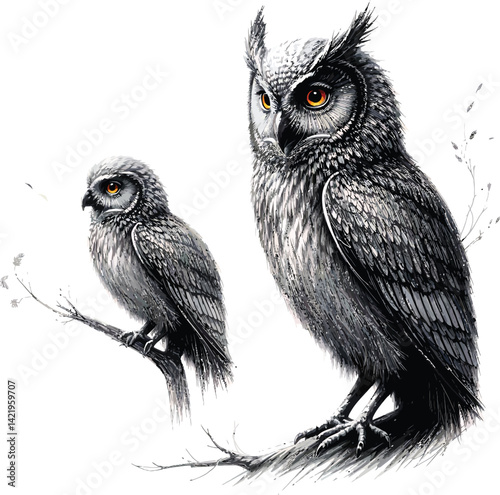 A brown great horned owl, a wild nocturnal predator with piercing eyes, stands on a branch isolated against a white background