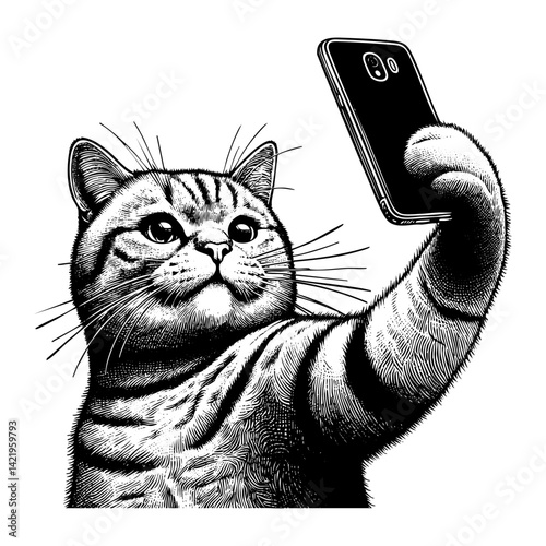 Cat selfie camera with smartphone engraving black and white outline. Scratch board imitation.  illustrated in vintage line art style on a white background.