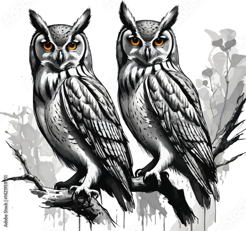 A cute cartoon vector illustration shows a wise owl, a wild bird and animal with a beak and feathers, drawing on a black branch in nature, isolated from a white background, unlike an eagle or hawk