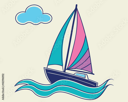 Simple Sailboat on Waves with Cloud Illustration Travel Graphic