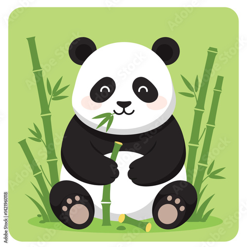Cute panda eating bamboo in green nature setting adorable animal wildlife vector illustration 