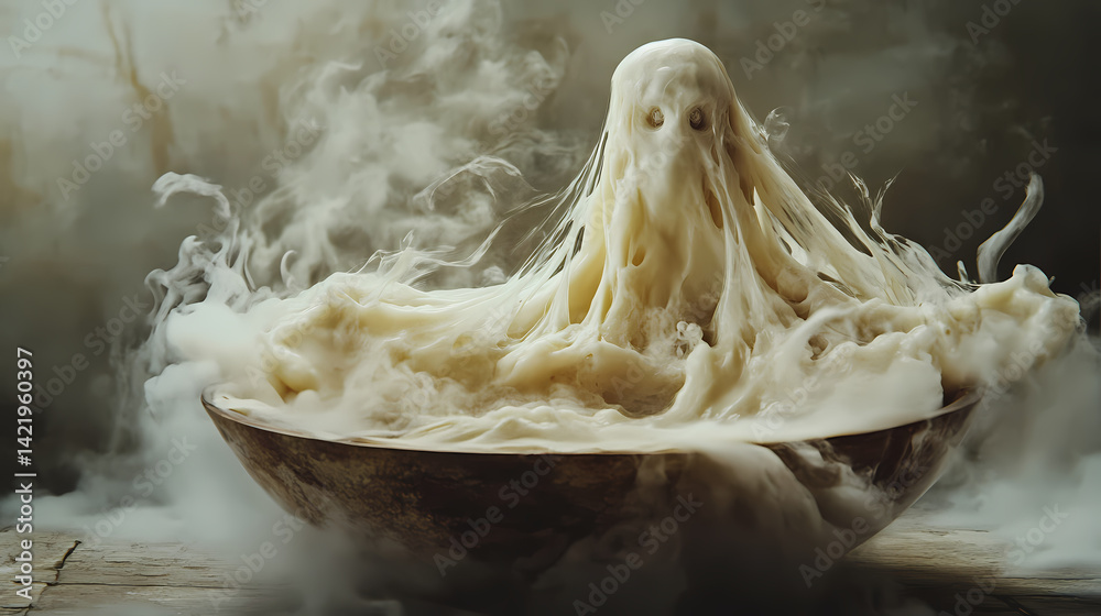 Ghostly apparition brought to life from a bubbling bowl of soup. Phantom Foam. Illustration