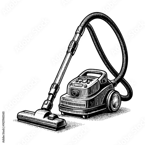 Vacuum cleaner sketch engraving black and white outline. Scratch board imitation.  illustrated in vintage line art style on a white background.
