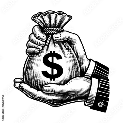 Hand holding sack of money engraving black and white outline. Scratch board imitation.