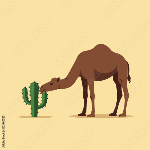 Brown camel eating cactus in desert illustration with beige background vector art 