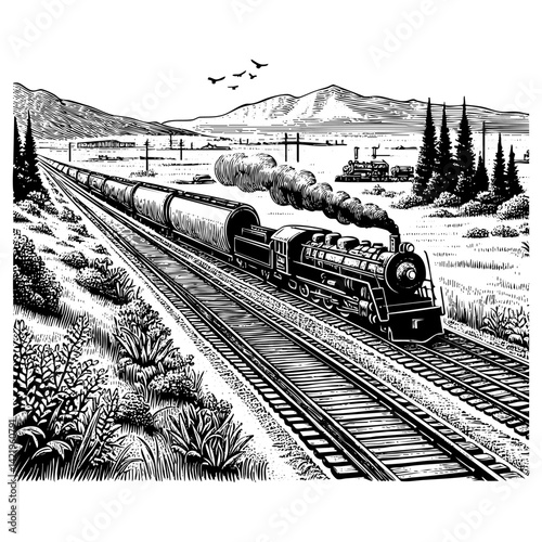 train on railroad with mountain landscape sketch engraving black and white outline. Scratch board imitation.  illustrated in vintage line art style on a white background.
