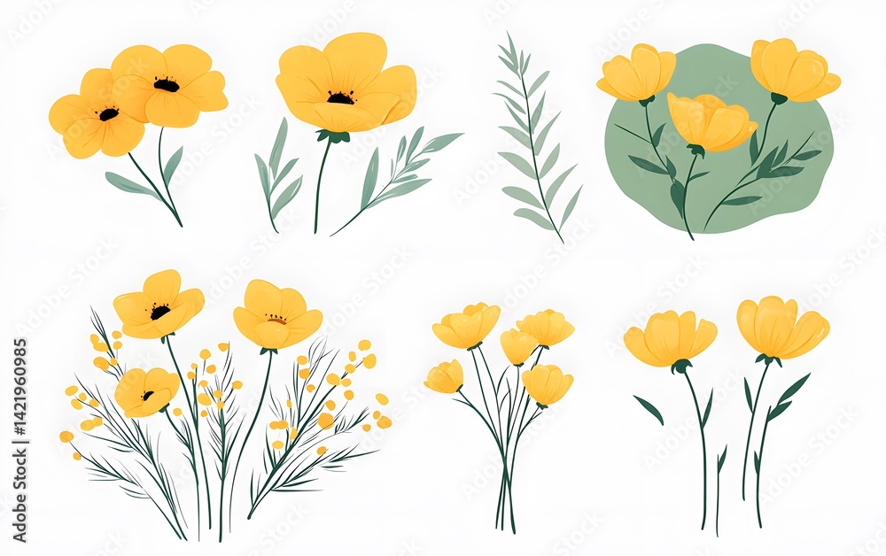 Naklejka premium Yellow Flower Illustrations Botanical Spring Floral Set