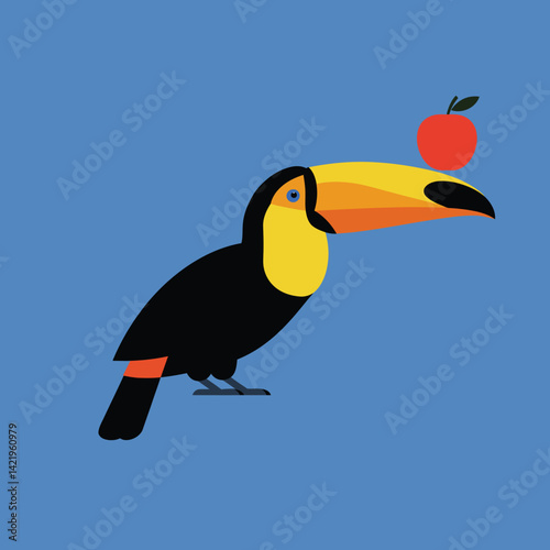 Toucan with yellow beak balancing red apple on blue background vector illustration 