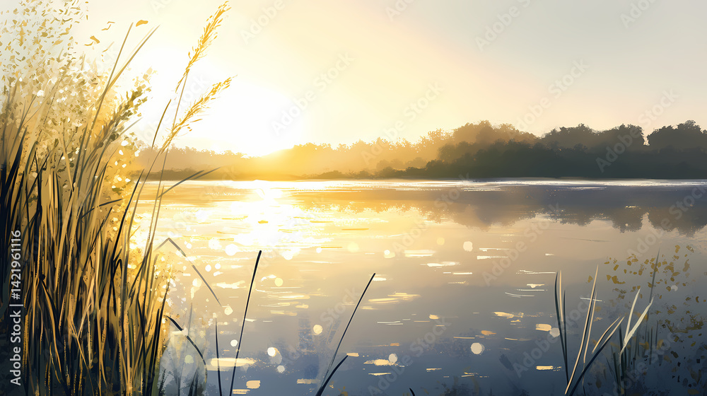 Silvery lake waters reflected sun's gentle caress, sunlight, waters. Hazy Waters. Illustration