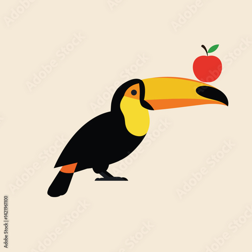 Toucan bird with orange beak holding red apple vector illustration in flat design style 