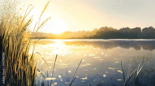 Obraz na płótnie Silvery lake waters reflected sun's gentle caress, sunlight, waters. Hazy Waters. Illustration w salonie