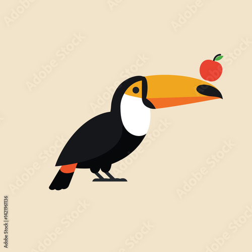 Toucan bird with orange beak balancing red apple on beak vector illustration artwork 