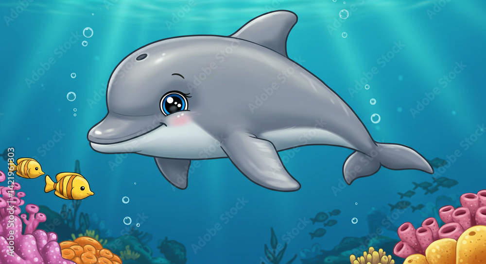 Obraz premium Swimming Dolphin Cartoon Illustration with Fish and Coral