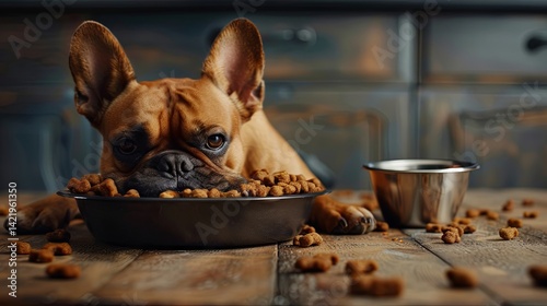 
Sick, lethargic French bulldog with sad eyes lying on the floor near a plate of food and refusing to eat. Concept of an animal refusing to eat due to illness