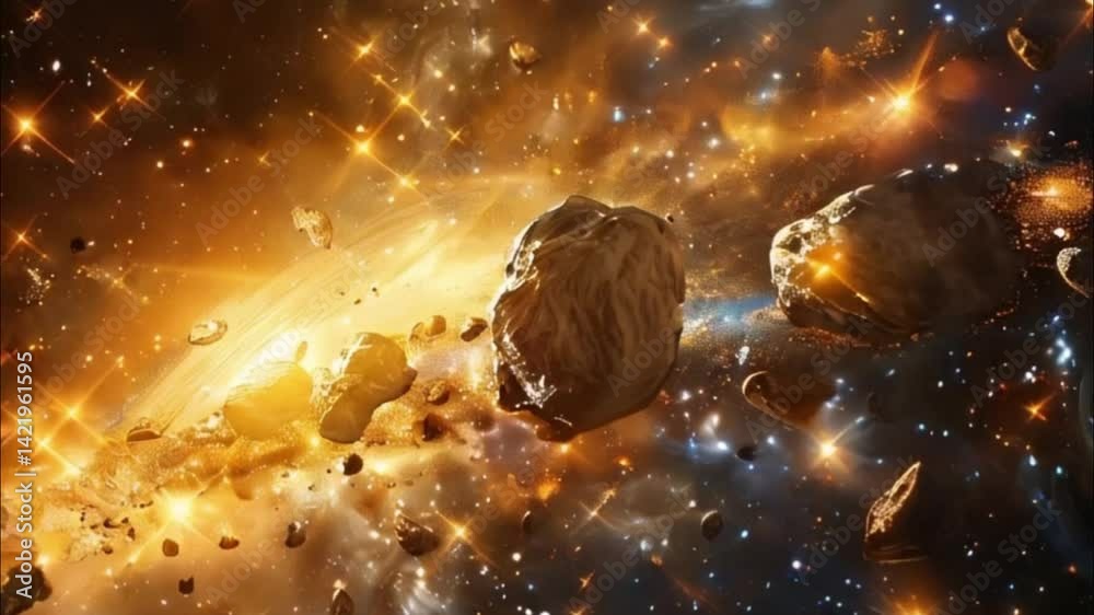 Meteorite plunges through the vastness of space against a backdrop of distant stars and cosmic colors