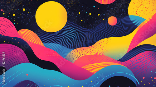 A colorful tiedye design with irregular shapes and flowing, abstract patterns. Nightwave Drift. Illustration
