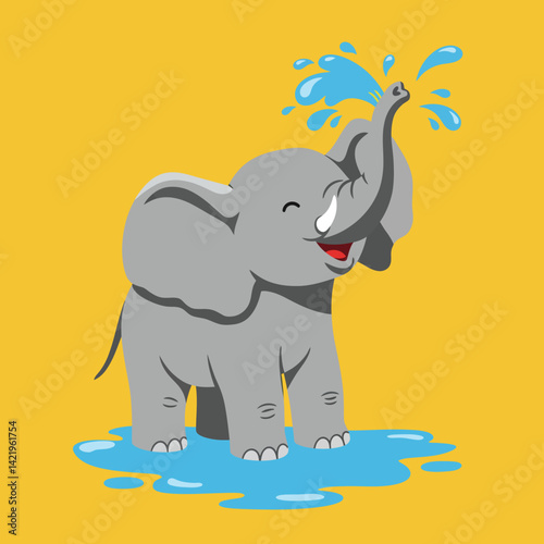 Cute cartoon elephant spraying water with trunk on yellow background vector illustration 