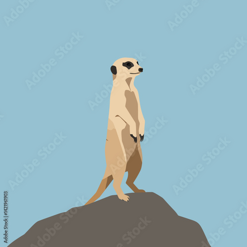 Meerkat standing on rock against clear blue sky in minimalistic vector illustration design 