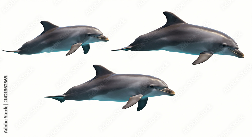 Fototapeta premium Dolphin Group Swimming Together Isolated on White Background