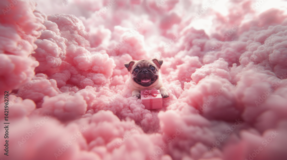 Cute fantasy pug dog jumping with present gift box for celebration day among pink clouds in the sky. Animal in the dreamy cotton-like cloud or candy smoke.