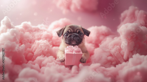 Cute fantasy pug dog jumping with present gift box for celebration day among pink clouds in the sky. Animal in the dreamy cotton-like cloud or candy smoke. 