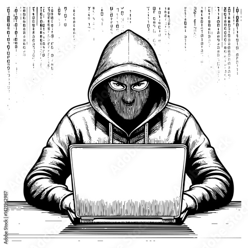 Hacker sketch engraving black and white outline. Scratch board imitation.