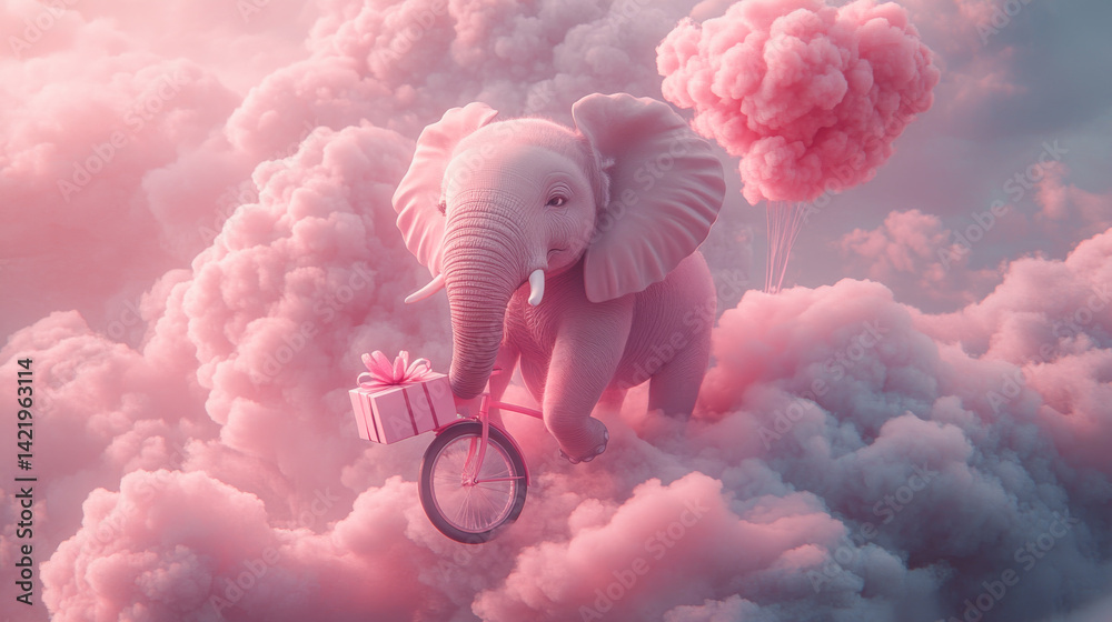 Cute fantasy elephant riding a bike among pink clouds in the sky . The Dream cotton-like cloud or candy smoke. Animal with present gift box for celebration day