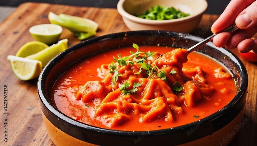 Bowl Of Tomato Soup With Pasta And Garnish On Wooden Table Bowl Of Tomato Soup With Pasta And Garnish On Wooden Table