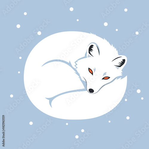 Arctic fox curled up sleeping in snow with blue background winter wildlife vector illustration 