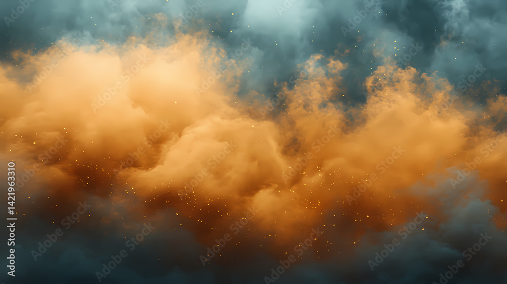 Orange dust storm at twilight, grey clouds loom, landscape, ethereal. Ethereal Loom. Illustration